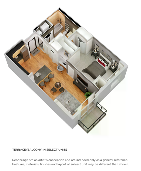 Floor plan for 1 bed, 1 bath, 696 sqft